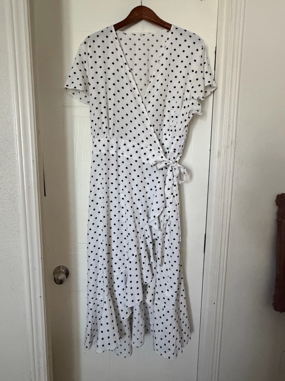 White Polka Dot Wrap Midi Dress with Tie Waist